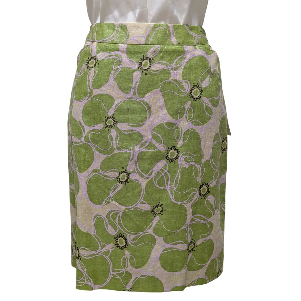 NWT Perry Ellis Apple Green Floral Linen Blend Metallic Pencil Skirt Pockets 6 - Picture 3 of 11